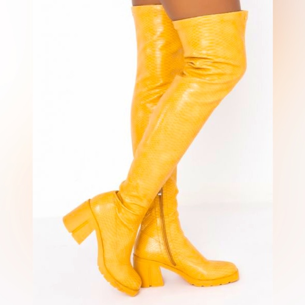 Azalea Wang Vegan Yellow Croc Embossed Leather Thigh High Boots